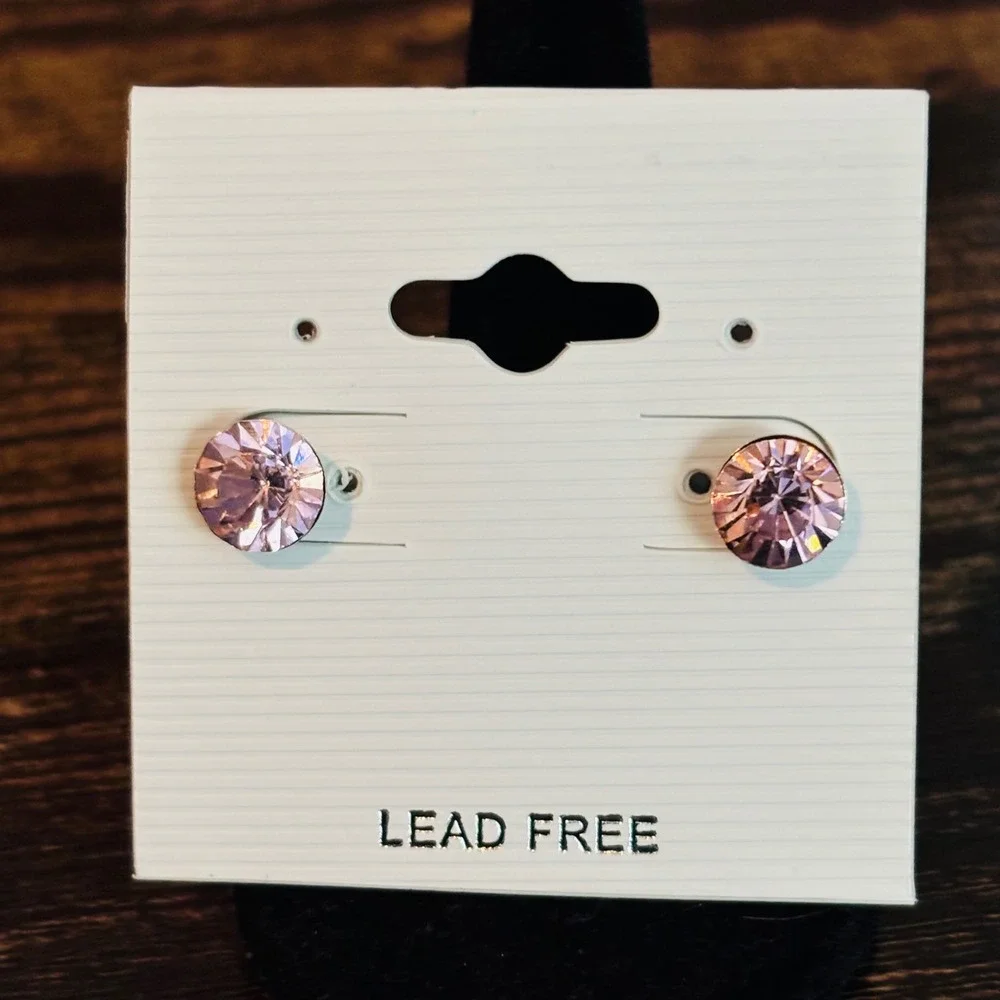 Pink Crystal Stud Earrings Round Cut Lead Free Sparkly Jewelry